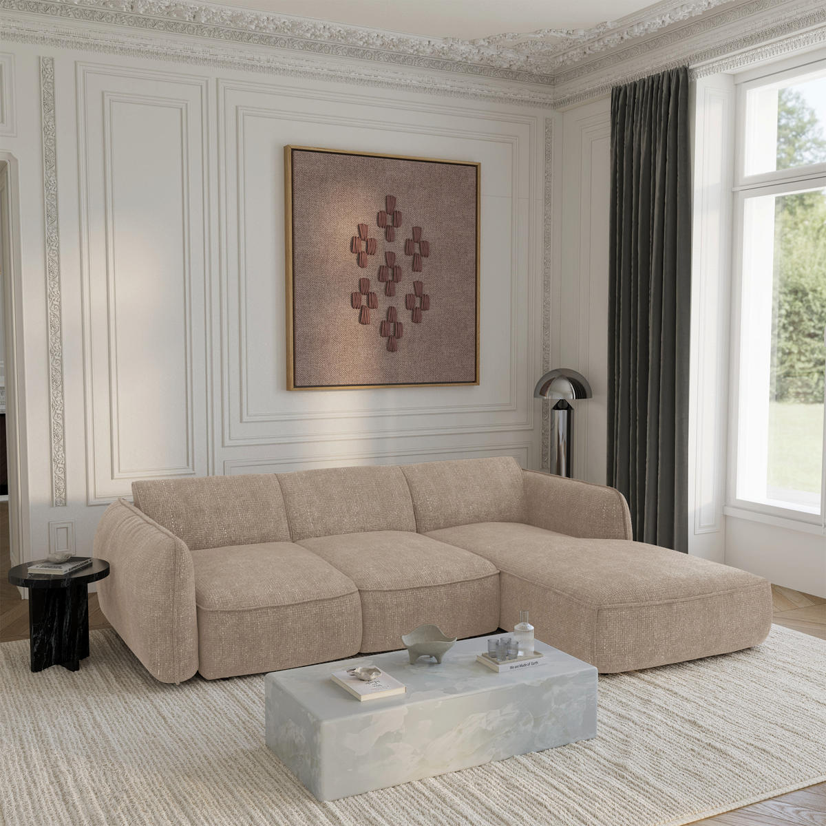 ECKSCHLAFSOFA Rastervelours 274cm - Beige, Textil (274/174cm) - Sia Home