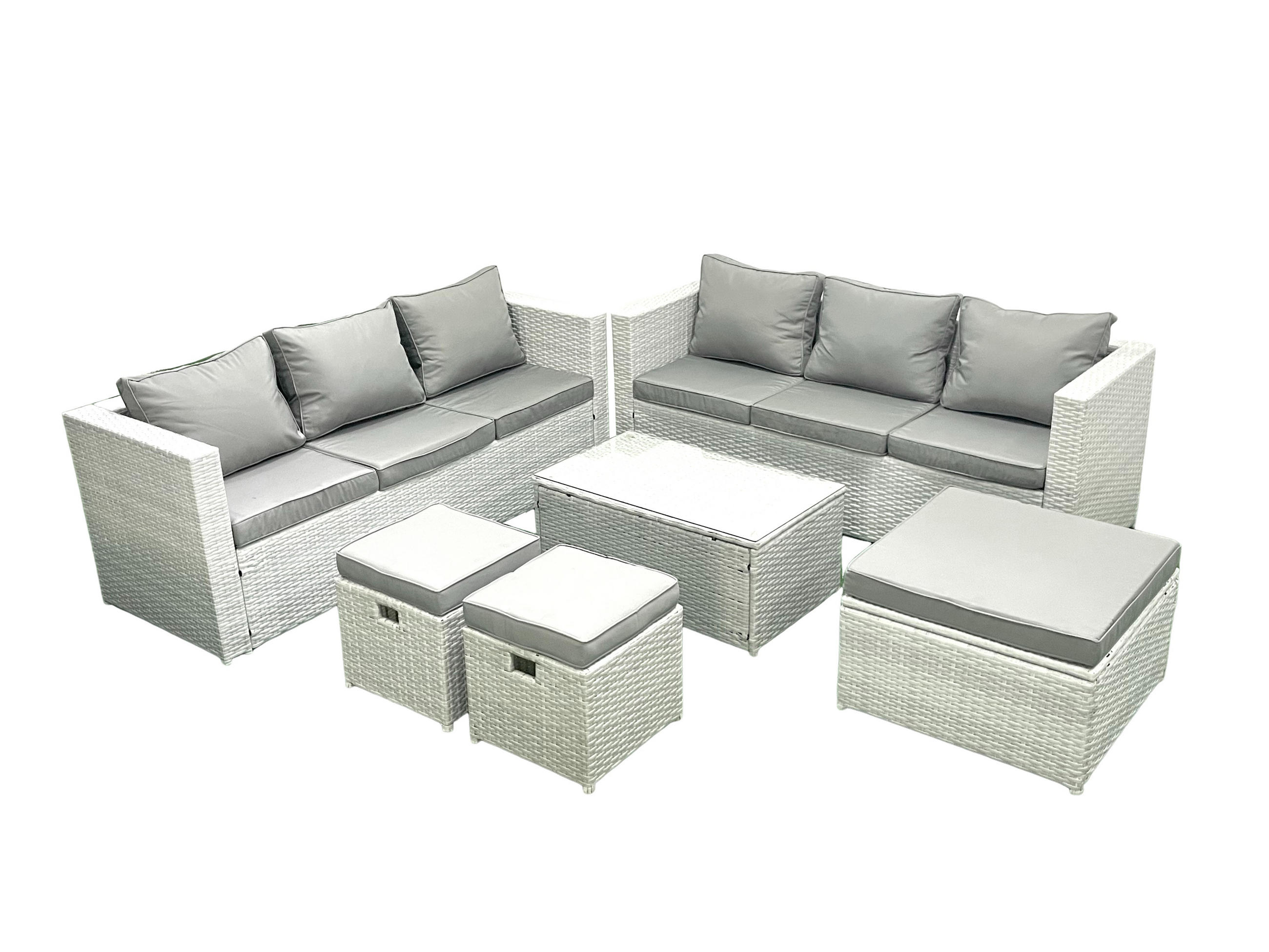 GARTENGARNITUR mit 3-SITZER SOFA,COUCHTISCH Polyrattan Hellgrau-Mix 9-Sitzer - Hellgrau/Grau, Glas/Kunststoff - Fimous