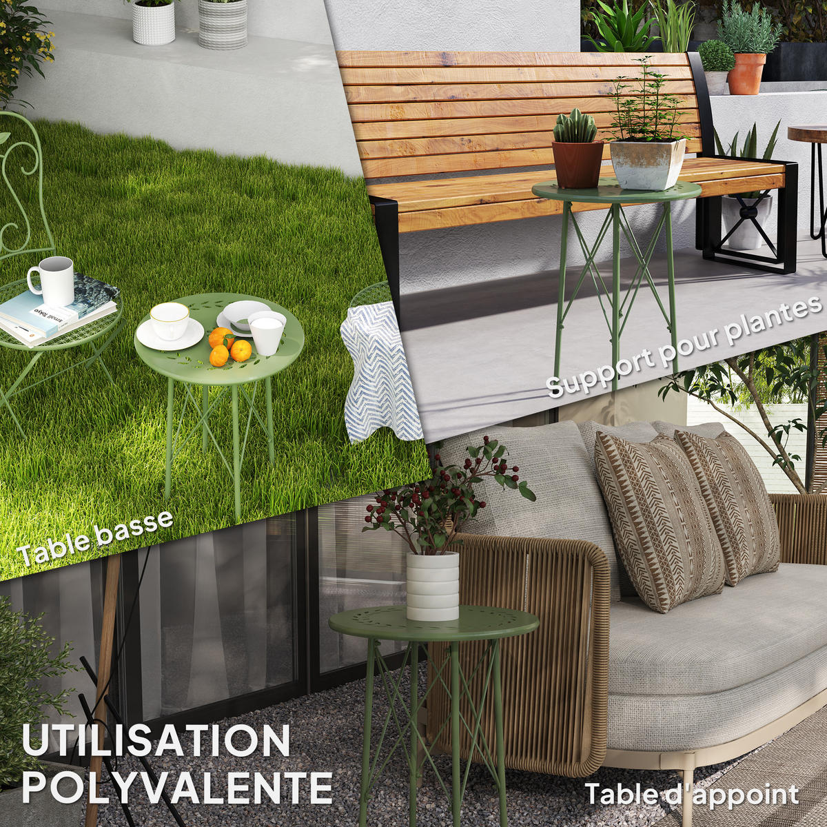 GARTENBEISTELLTISCH DE-14107 mit Blumen- und Blätter-Ausstanzung, Ø40x50 cm Grün - Grün, Metall (40/40/50cm) - ComfortXL