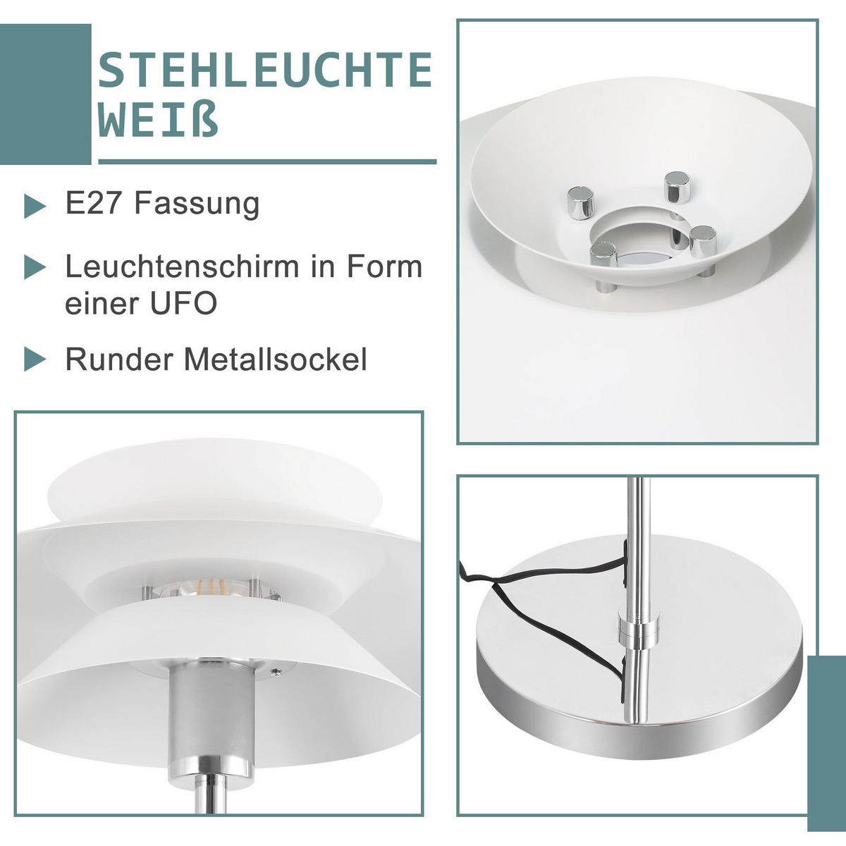 STEHLEUCHTE Albert 40/25/145 cm - Weiß, Metall (25/20/143cm) - Nettlife