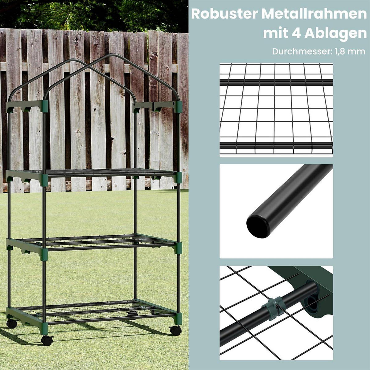 GEWÄCHSHAUS mit Rollen, Foliengewächshaus mit 3 Regalen - Weiß, Textil/Metall (70/131/50cm) - Woltu