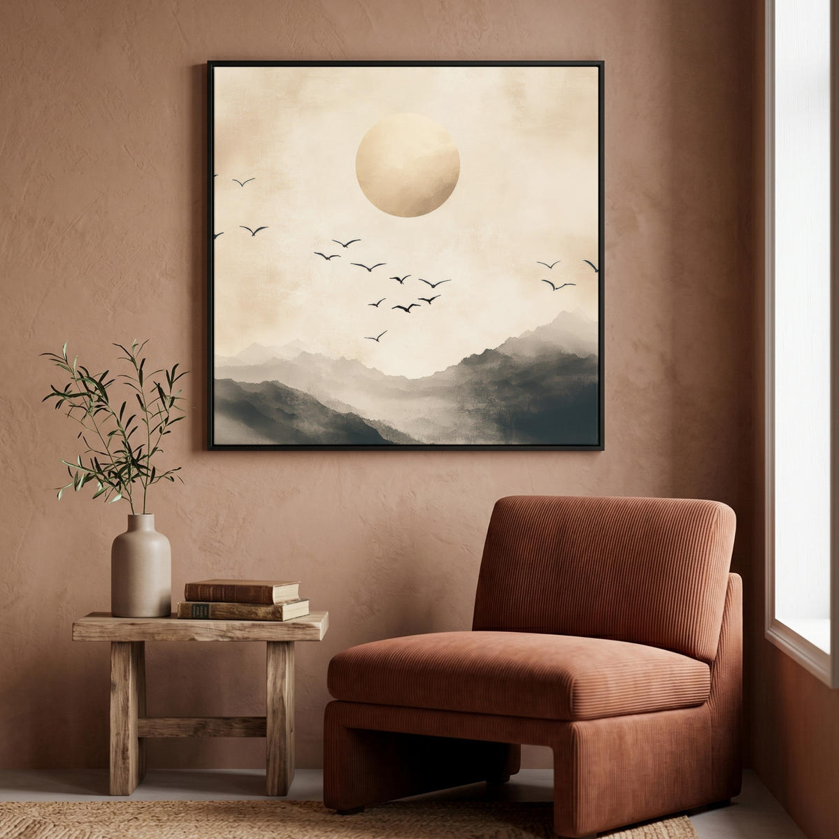 LEINWAND Bilder mit Rahmen - Landschaft - Japandi - Vogel - 90x90 - Beige, Textil (90/90cm) - MuchoWow