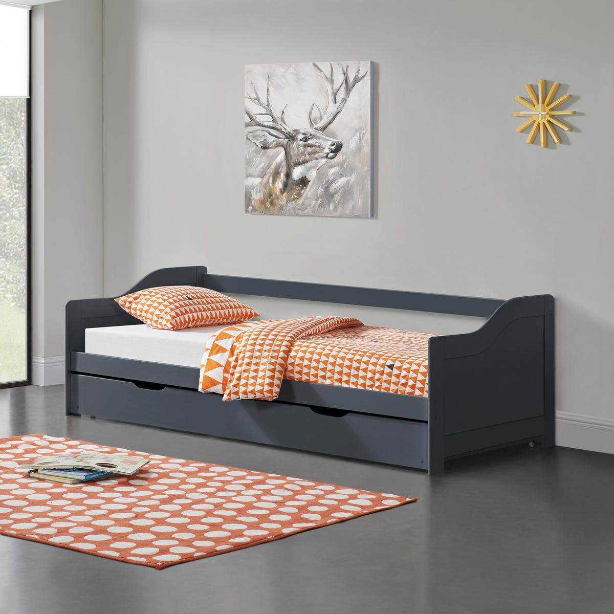SOFABETT - Dunkelgrau, Holz (90/200cm) - [en.casa]