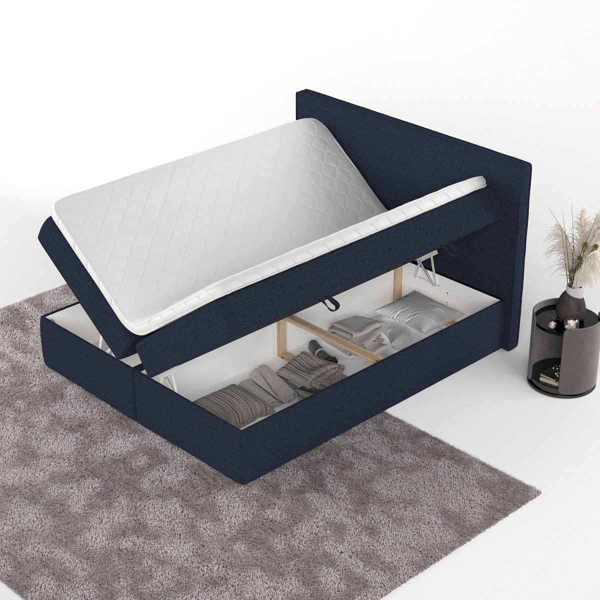 BOXBETT Nuvia 140/200 cm Marineblau im Riva Stoff - Schwarz/Dunkelblau, Holz/Holzwerkstoff (140/200cm) - AltaBeds