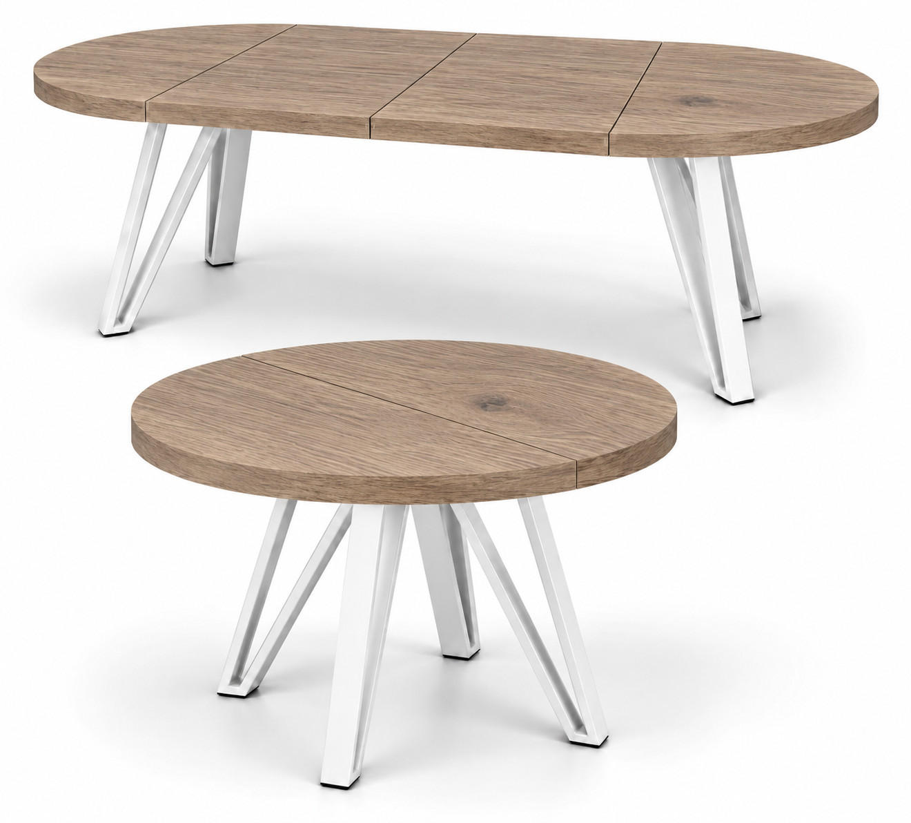 ESSTISCH rund ausziehbar 100/200/76 cm, Graubraun Eiche Halifax Egger, 54 cm Tischplatte + Industrial Metallgestell Weiß - Eichefarben/Graubraun, Holzwerkstoff/Metall (100/200/76cm) - Damale Möbel