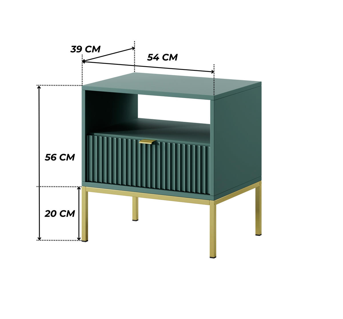 GRÜNER Moderner Geriffelter Nachttisch KIOTO SN1SZ (Gold Gestell, Vollauszug) - Goldfarben/Grün, Holz/Holzwerkstoff (54/56/39cm) - Ravio
