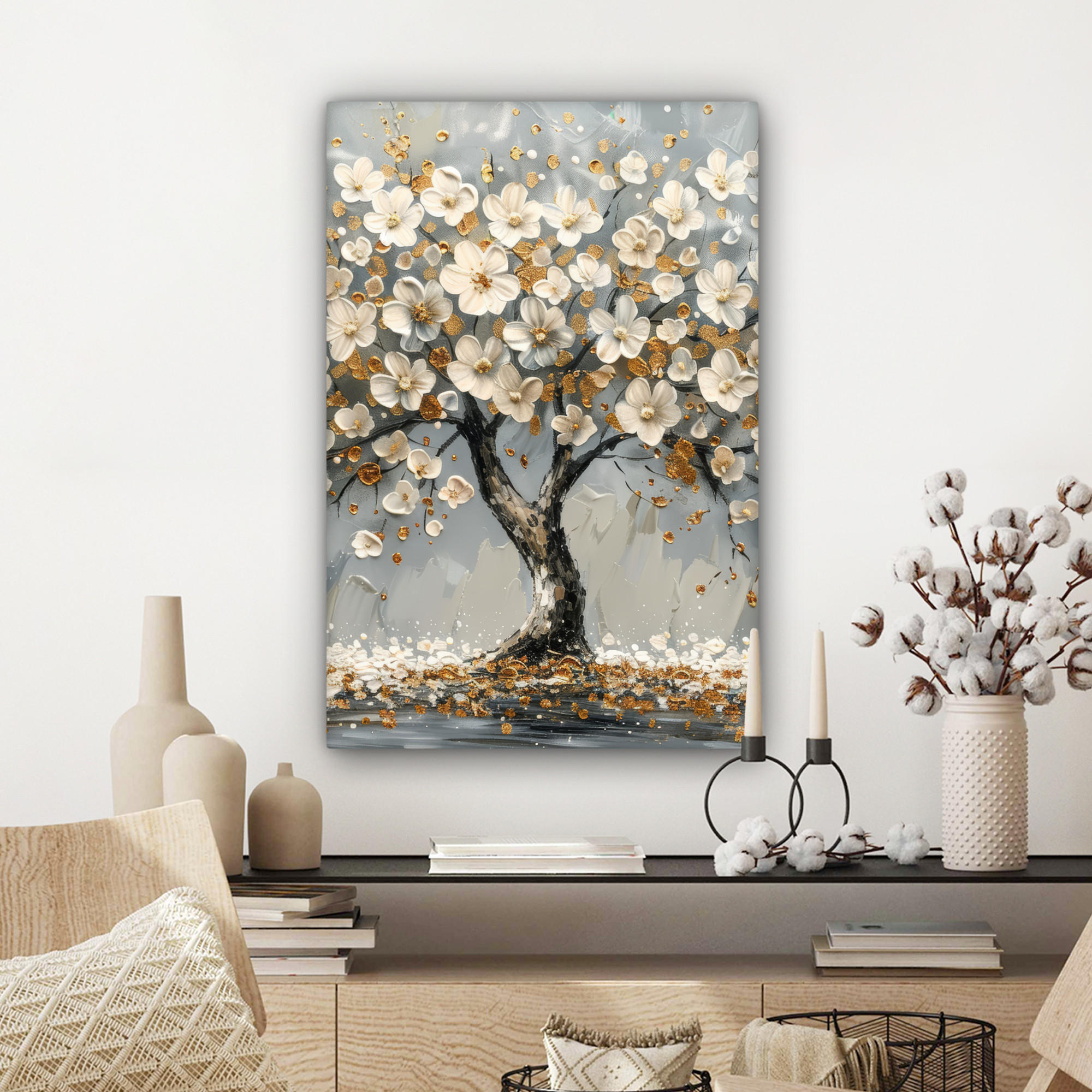 LEINWANDBILD Baum - Blumen - Weiß - Natur - Kunst 60x90 cm - Weiß, Textil (60/90cm) - MuchoWow