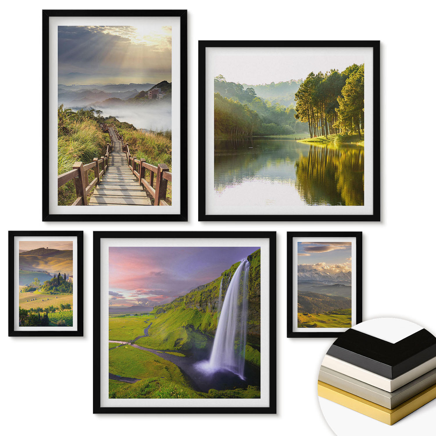 WANDBILDER 5er-Set - 50x50 cm & 20x30 cm & 40x60 cm Schwarzer Rahmen - Aquarell von grünen tropischen Blättern - Schwarz, Kunststoff (40/60cm) - ArtPrintCave