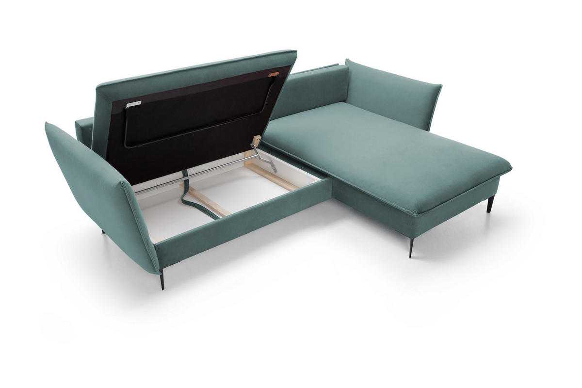ECKSOFA GLOSS mit Schlaffunktion, Ottomane & goldenen Füßen – Samtsofa im GLOSSour-Stil mit Zierkissen, 258x167x91 cm, Rechte, BLAU - Hellgrau, Holz/Textil (258/167cm) - DomoHome