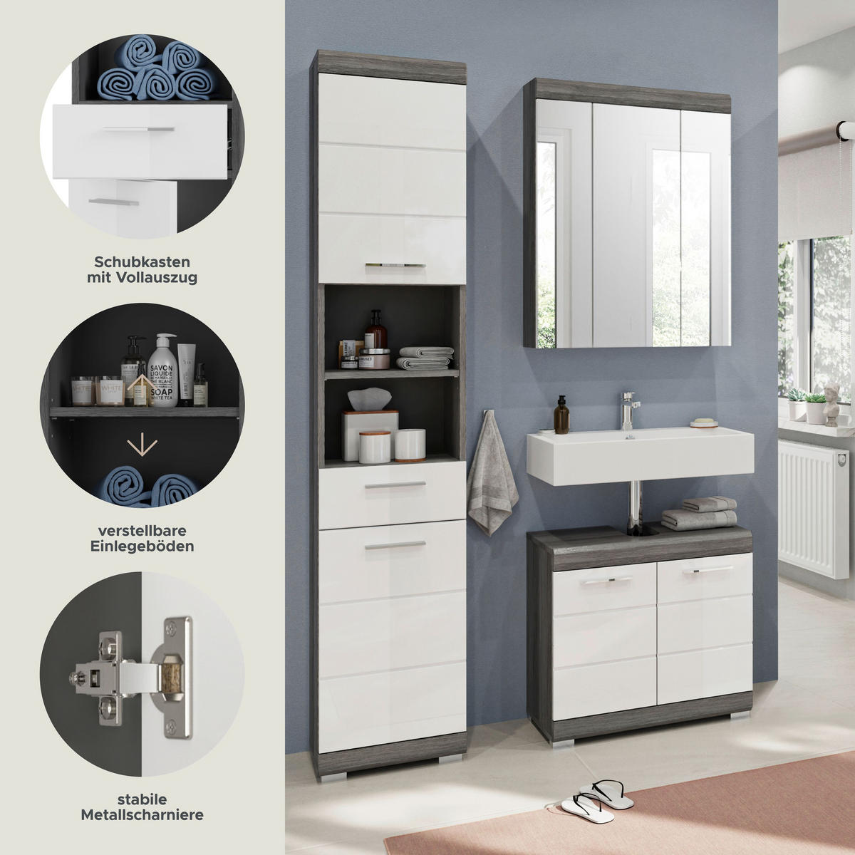 BADKOMBINATION 3tlg. Scout Bad in Rauchsilber Nachbildung und weiß hochglanz B/H/T: 112x191x34 cm - Anthrazit, Holz (112/191/34cm)