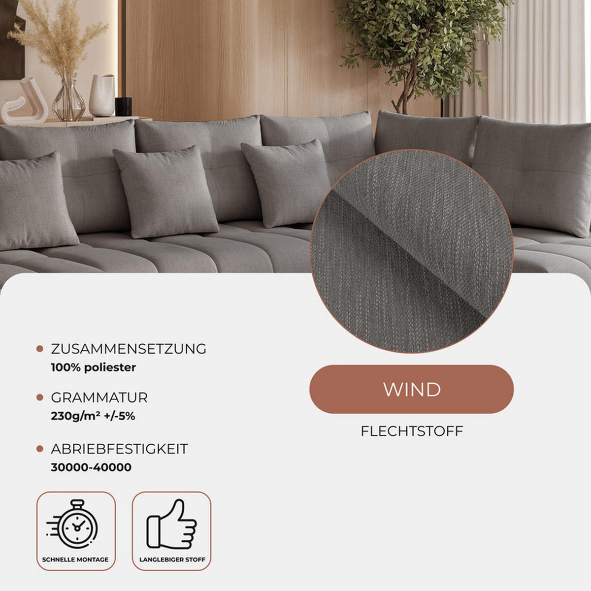 WOHNLANDSCHAFT STONE mit Schlaffunktion und Bettkasten, Stoff Grau - Dunkelgrau, Kunststoff/Textil (350/91/190cm) - Idohome
