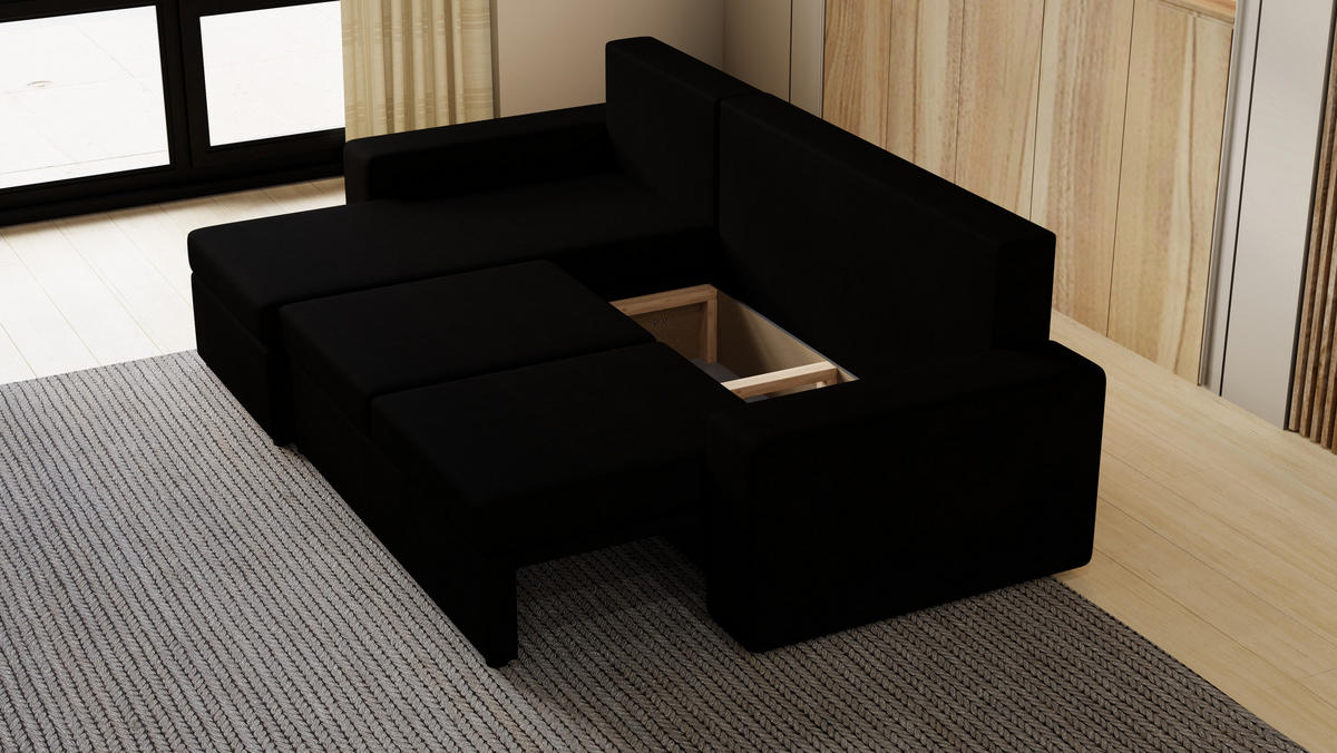 ECKSOFA Paco mit Bettkasten und Schlaffunktion, L-Form/XL-Form, Velourstoff, Universal - Schwarz, Holzwerkstoff (246/145cm) - 4ALL HOME