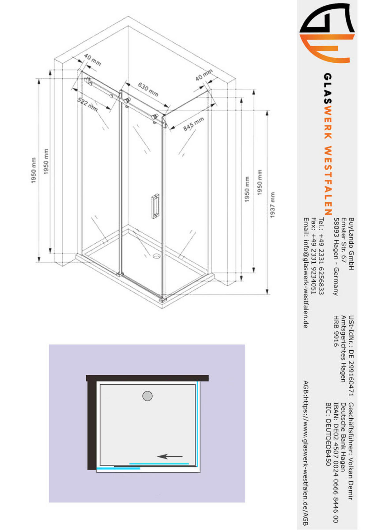 DUSCHKABINE Ela 120x90x195cm Eck Schiebetür+DS - Silberfarben, Glas (90/120/195cm) -  Glaswerk Westfalen
