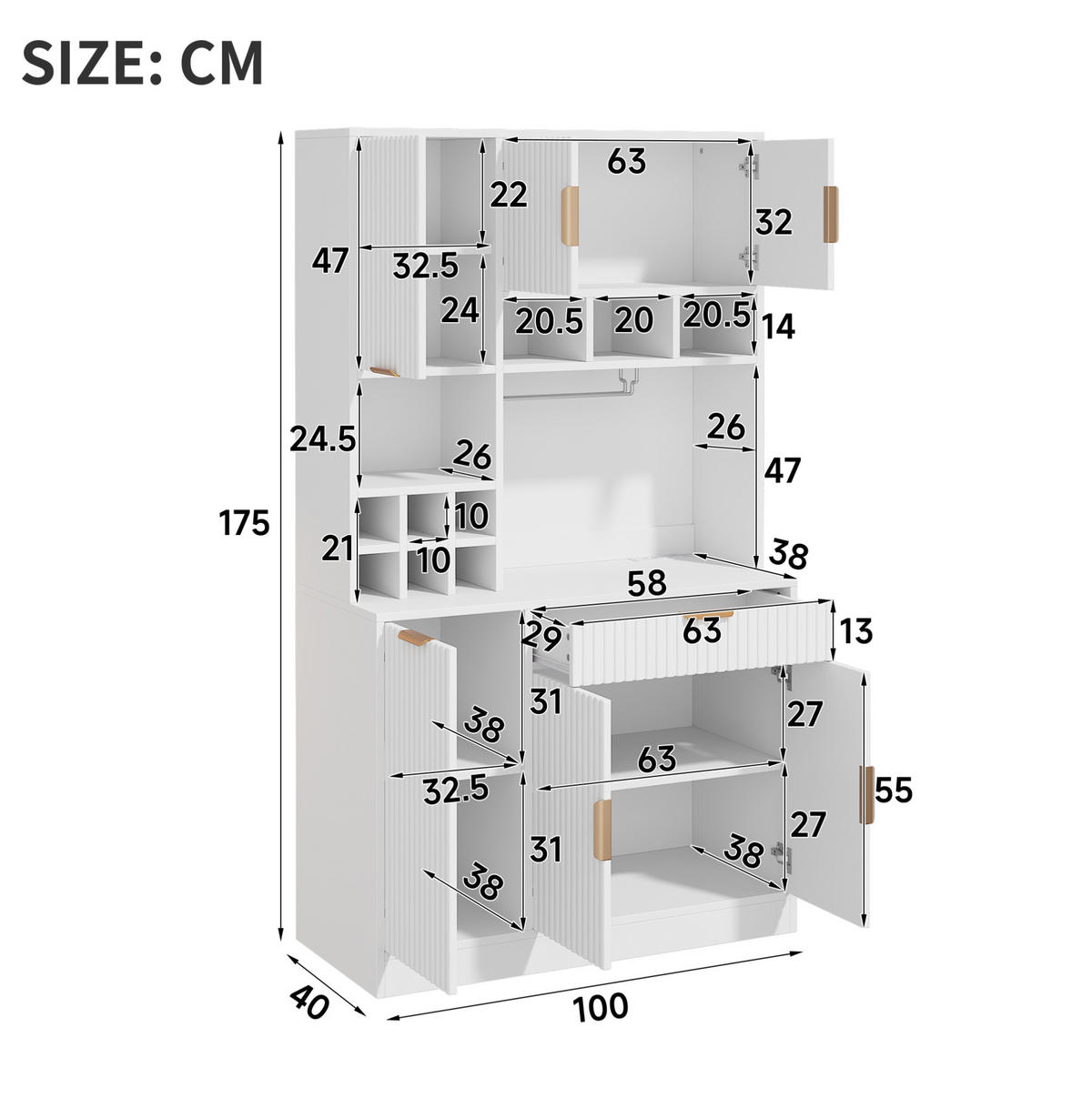HOCHSCHRANK aus Spanplatte 100x40x175 cm Weiß mit Steckdosen, USB-Anschlüssen und Weinablage - Weiß, Holzwerkstoff (100/175/40cm) - IVMEU