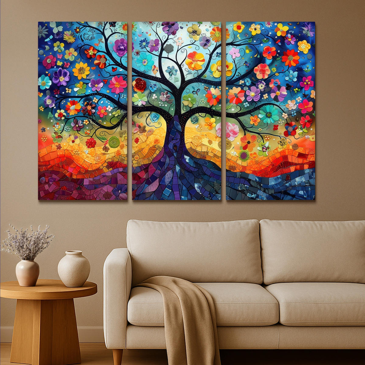 LEINWANDBILD 3er Set Bunt - Baum des Lebens - Blumen - Abstrakt 180x120 cm - Blau, Textil (180/120cm) - MuchoWow