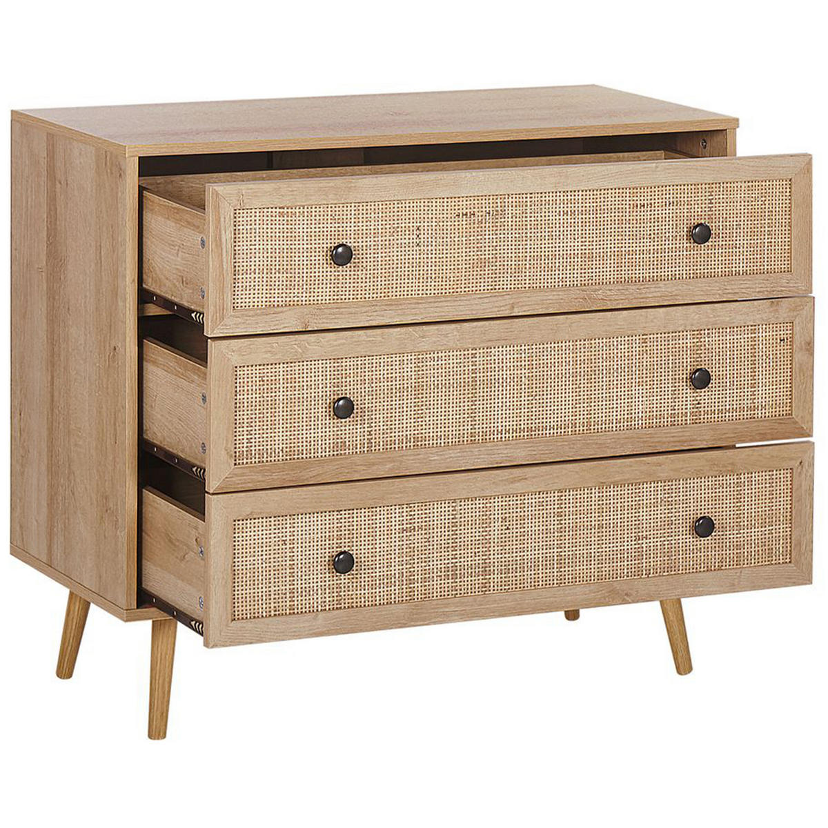KOMODA 3 zásuvky Ratan světlejší Odstín dřeva Ponca - černá/světle hnědá, kompozitní dřevo (90/79/40cm) - Beliani