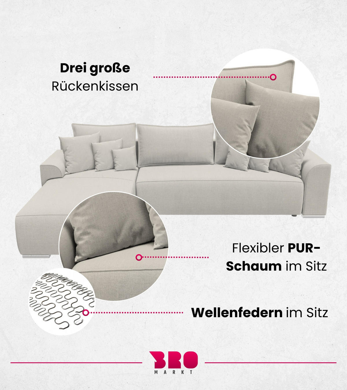ECKSOFA Sydney mit Schlaffunktion Beige Leinenoptik - Beige, Textil (280/184cm) - Bromarkt