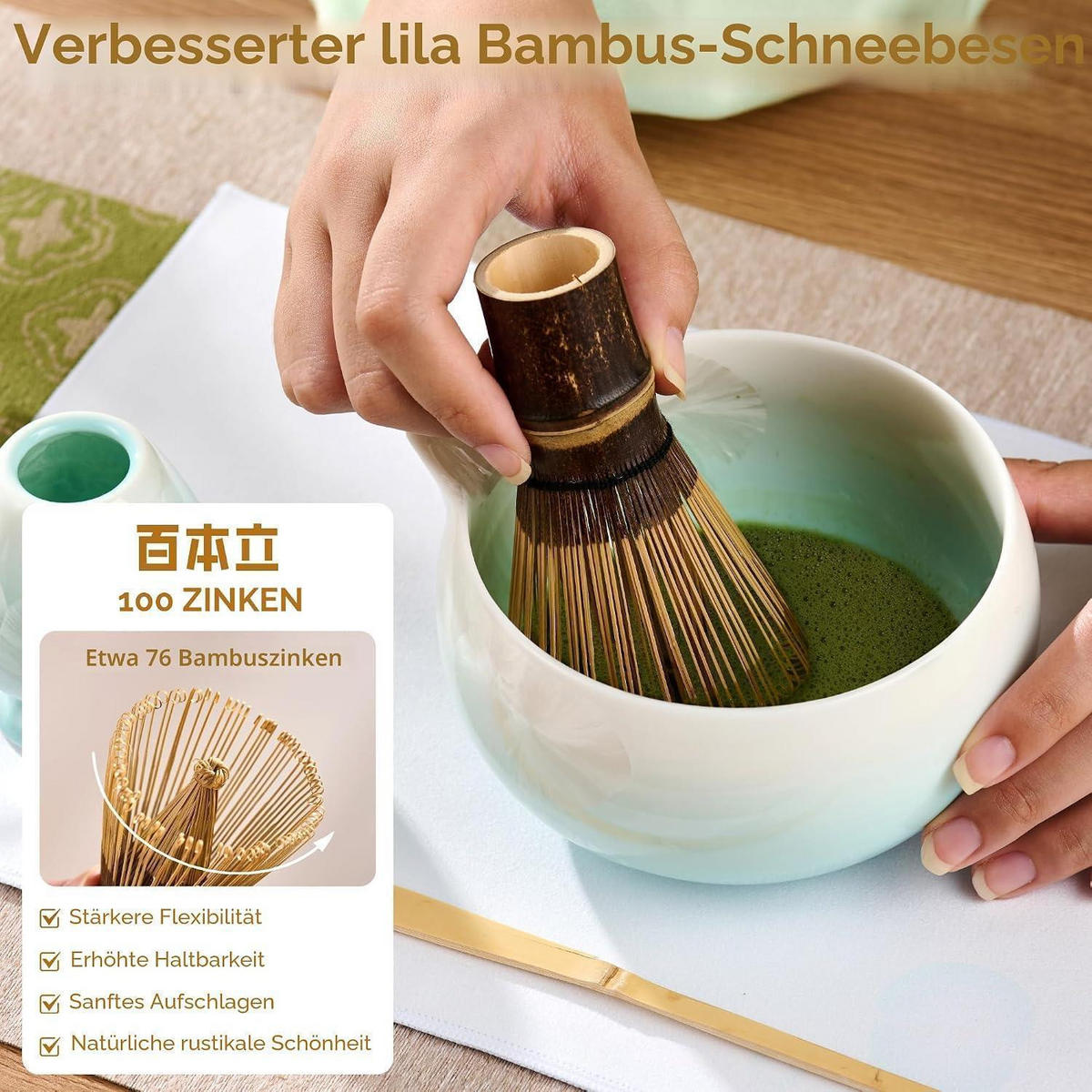 MATCHA Set 9-teilig Blau Kristallglasur Schale Bambusbesen & Halter Becher Eiswürfelform Löffel Sieb Teetuch - Multicolor, Keramik (15/10/20cm)
