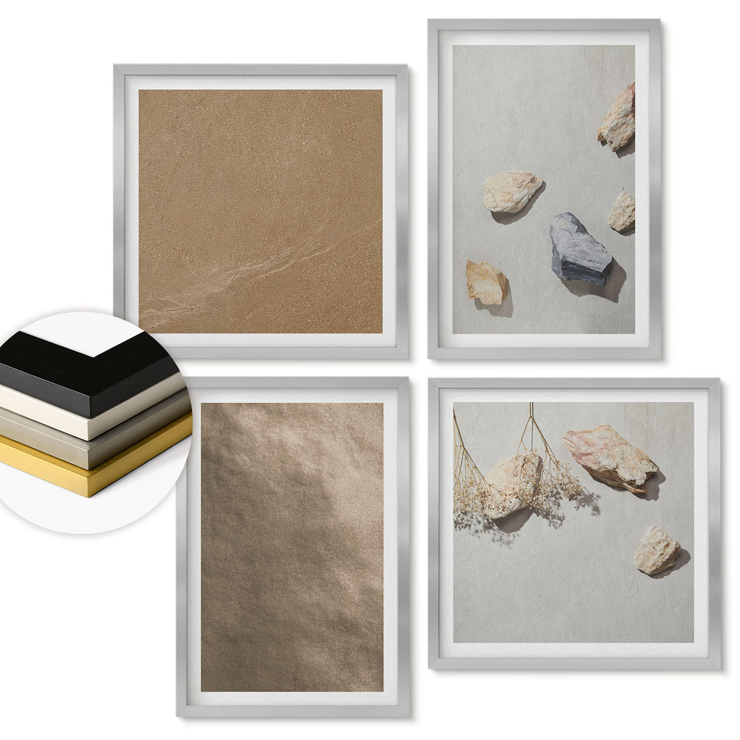 WANDBILDER 4er Set - 50x50 cm & 40x60 cm Silberner Rahmen - Strandsteine natürliche Strukturen - Silberfarben, Kunststoff (50/50cm) - ArtPrintCave