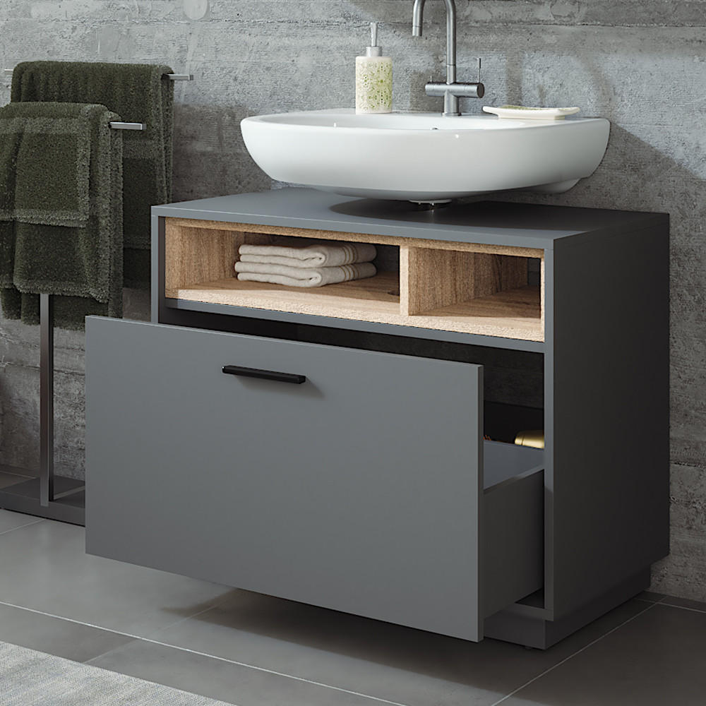 WASCHBECKENUNTERSCHRANK Beatrice Anthrazit/Sonoma 80 x 64 cm mit Schublade - Anthrazit/Sonoma Eiche, Holzwerkstoff (80/64/35cm) - Vicco