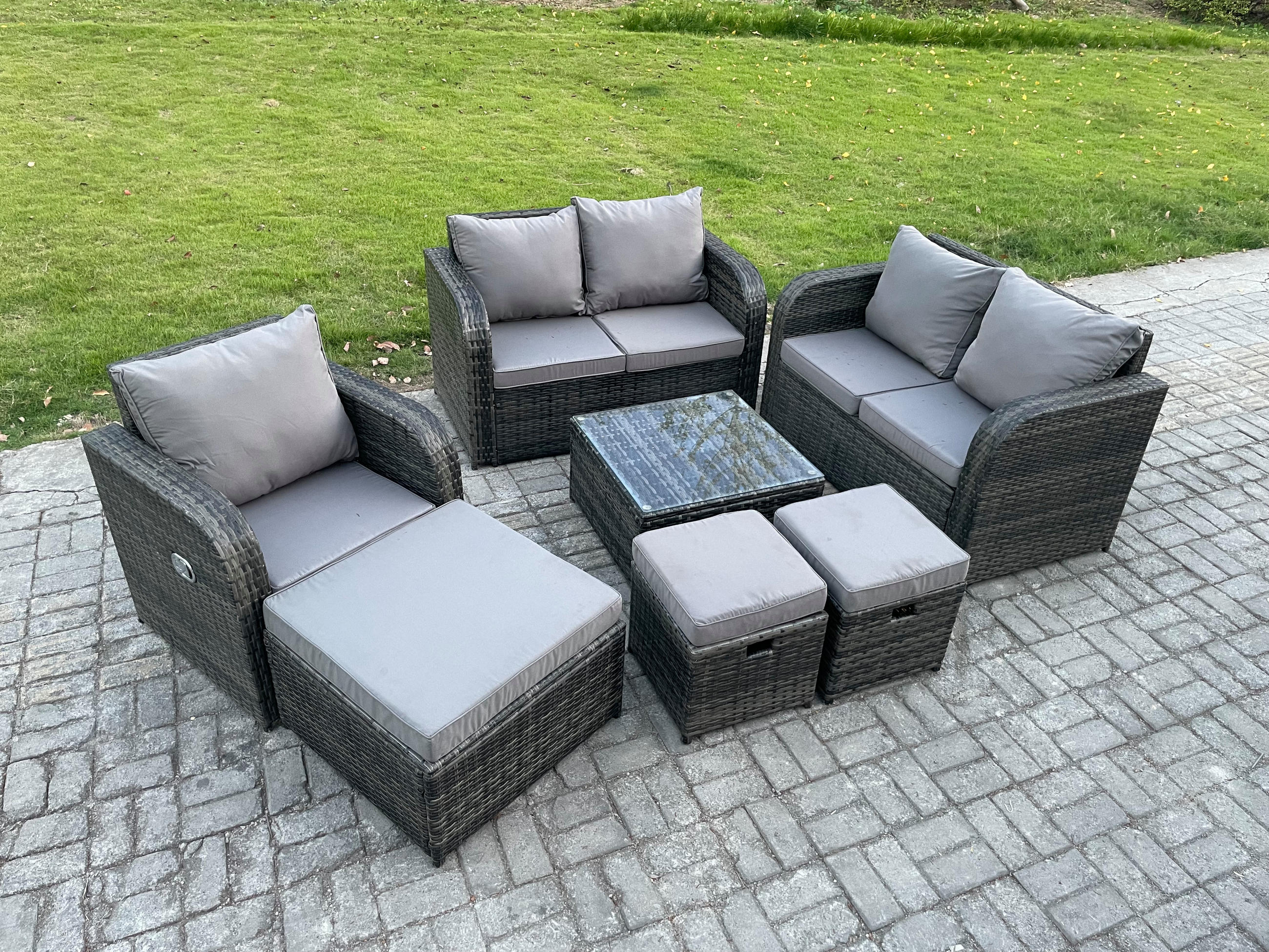 LOUNGEGARNITUR Polyrattan Dunkelgrau 8-Sitzer - Dunkelgrau, Metall - Fimous