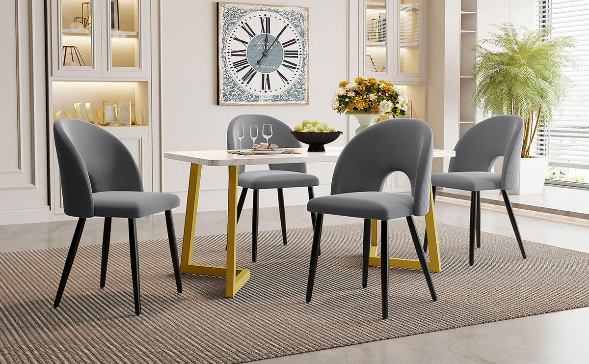 ESSZIMMER-SET 5-teilig mit höhenverstellbarem MDF-Tisch und luxuriösen Samtstühlen für Esszimmer, weiß-grau - Grau, Holzwerkstoff (68/75/117cm) - Luhomfu