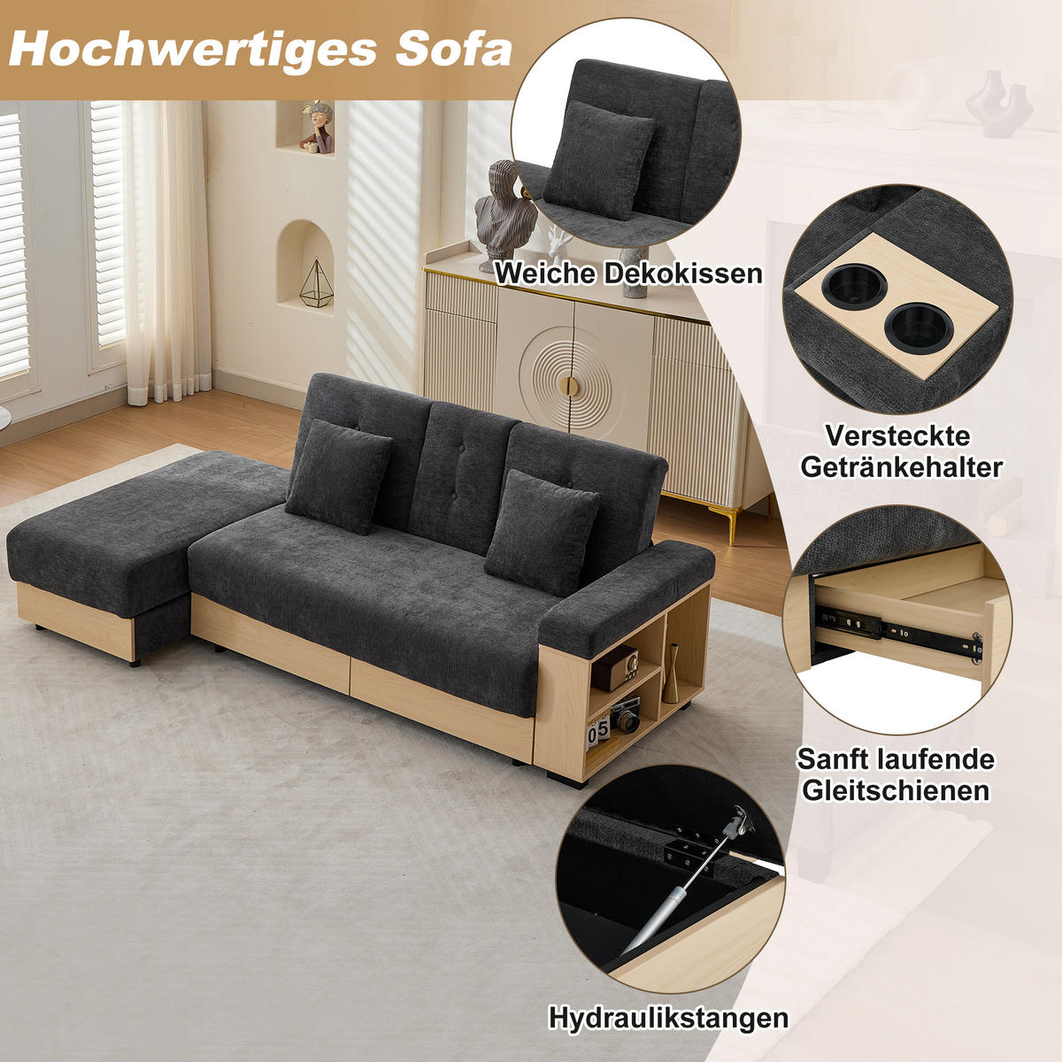 WOHNLANDSCHAFT Graues Chenille‑Stoffsofa mit Multifunktions‑Stauraum und verstellbarer Rückenlehne 217 × 110 × 90 cm - Grau, Textil (217/90/110cm) - Luhomfu
