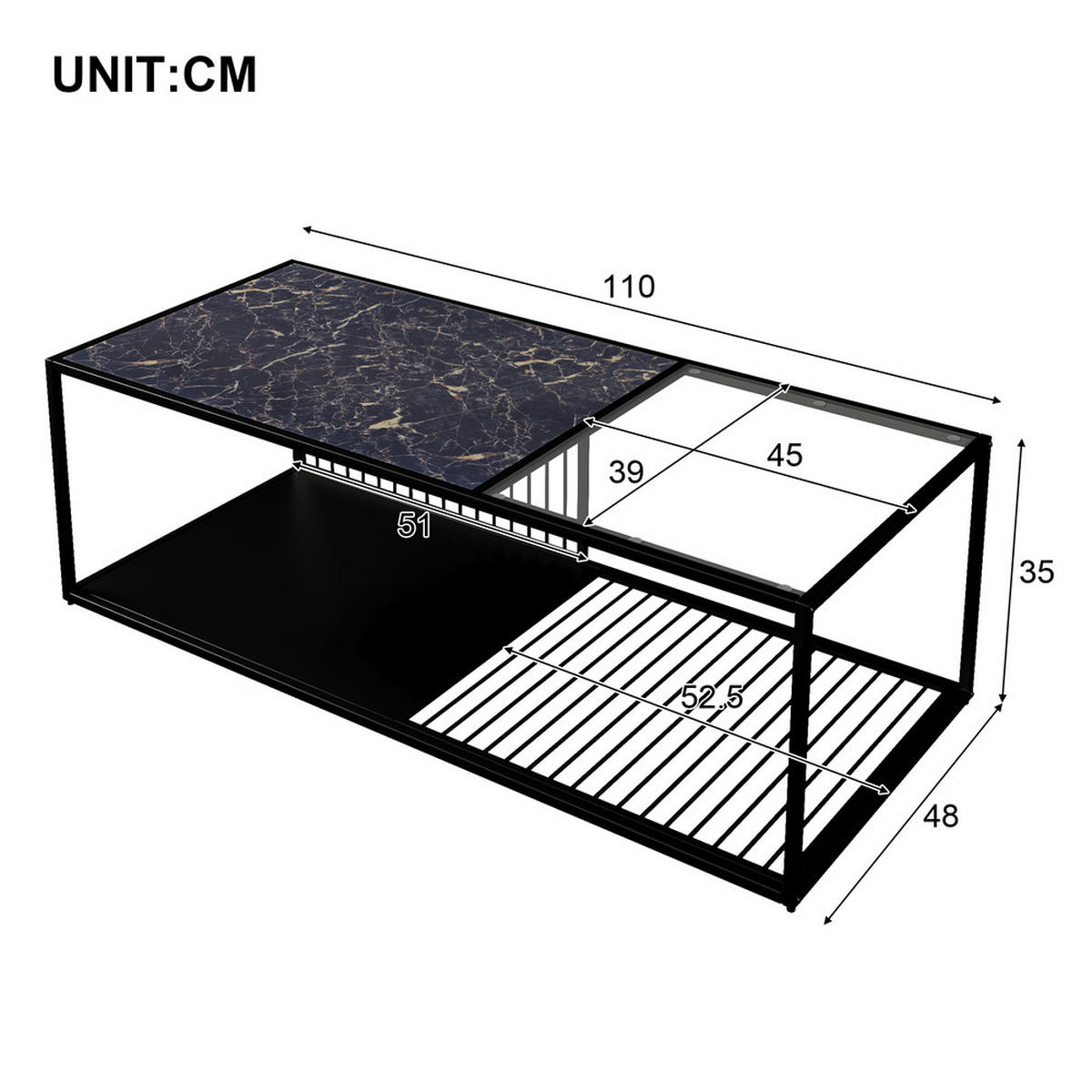 COUCHTISCH Schmiedeeisen Glas Großer Stauraum Modern Industriestil - Schwarz, Holz (116.84/60.96/15.49cm) - FLIEKS