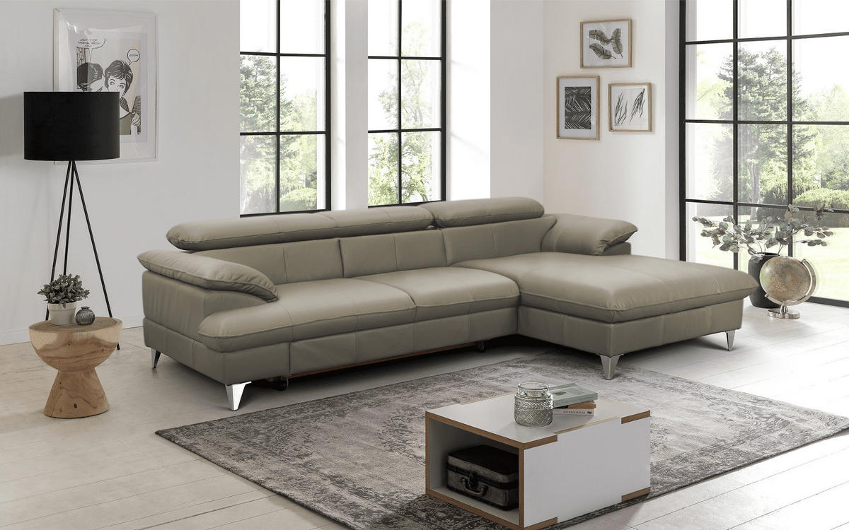 ECKSOFA mit Schlaffunktion und Bettkasten, Echtleder - Chromfarben/Hellgrau, Leder/Holz (167/254cm) - Cotta