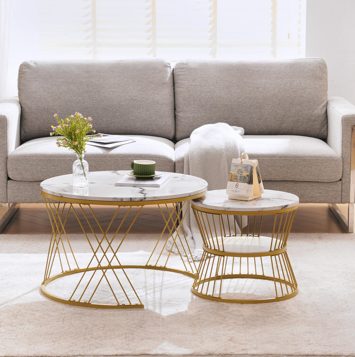 COUCHTISCH Nesting 70/45 cm Weiß Goldoptik 2er-Set - Weiß, Metall (70/70/45cm) - Meubliv