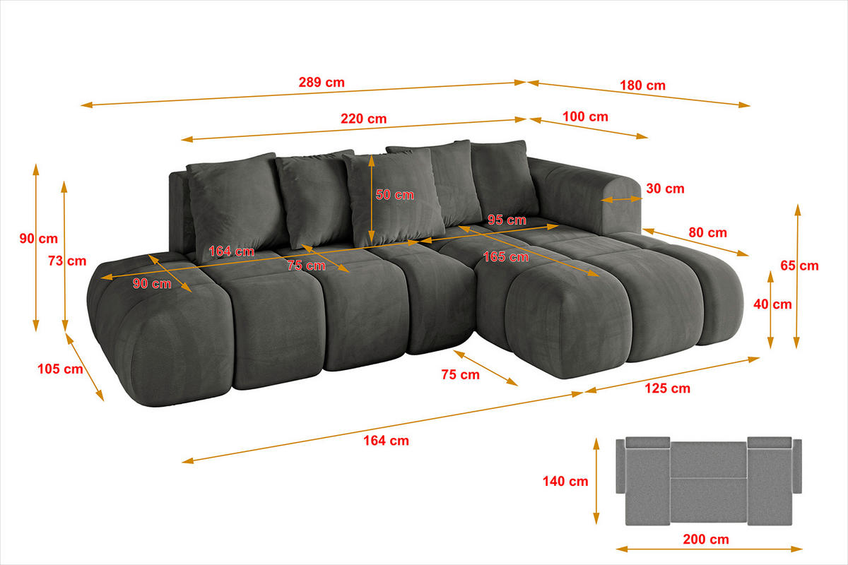 ECKSOFA Ottomane Rechts CLOUD-L-v1 289x180x40 Dunkelgrau Velours - Dunkelgrau, Holzwerkstoff/Kunststoff (289/180cm) - ALTDECOR