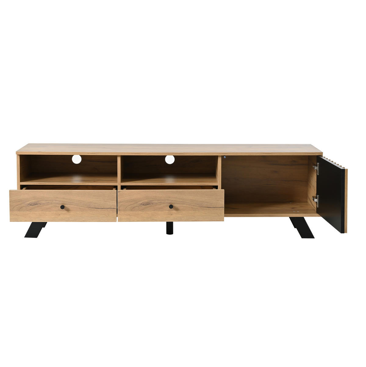 TV stolek 150/38/44 cm s 2 zásuvkami, skříňkou a otevřenými přihrádkami, vhodný pro TV do 60", Dubová barva - přírodní, kompozitní dřevo (150/44/38cm) - Redom