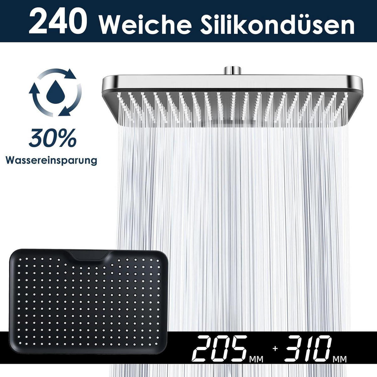 REGENDUSCHKOPF 12 Zoll Quadratisch Chrom Schwarz - Silberfarben, Metall (21/12.7/32cm)