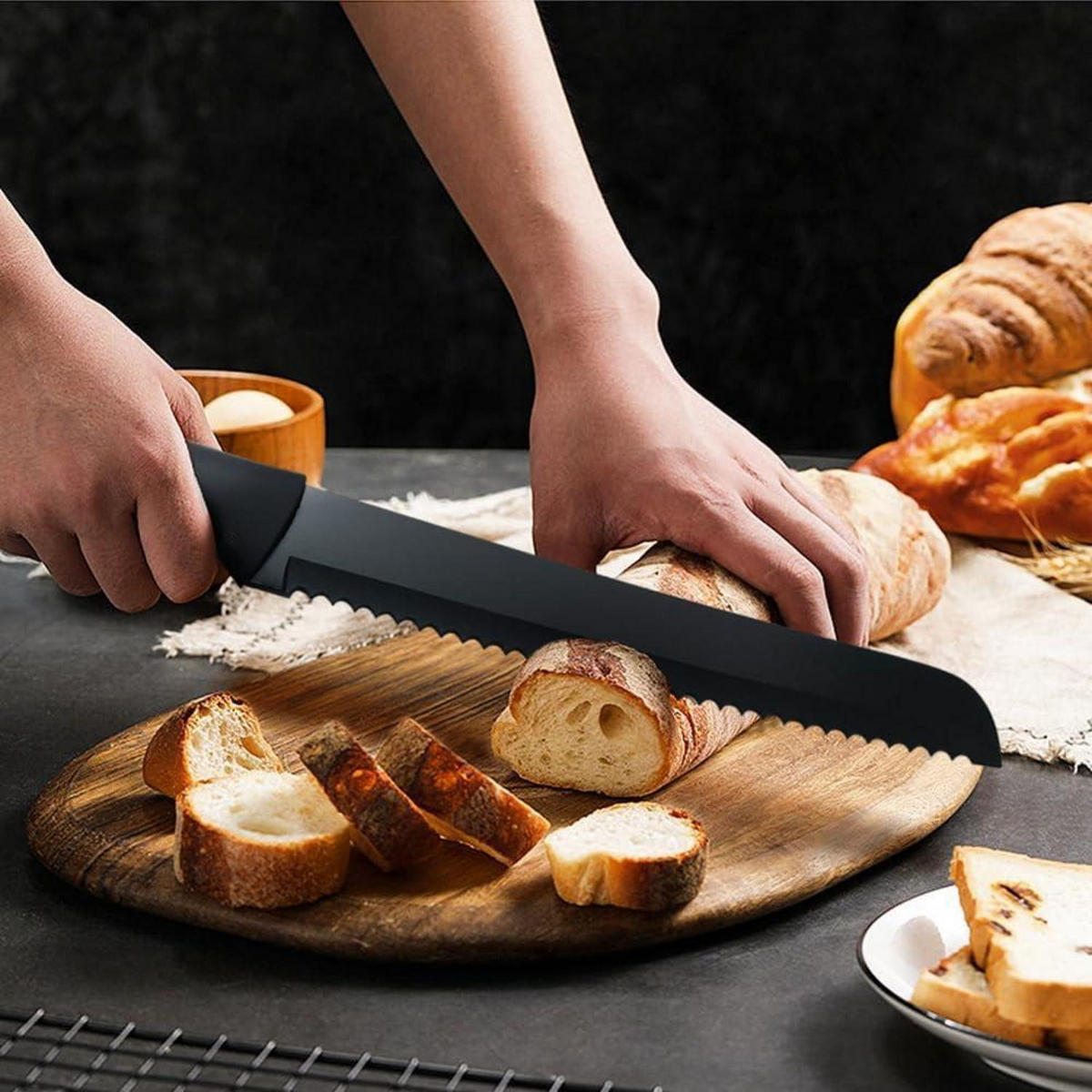 KÜCHENMESSER Set 7-teilig mit Holzblock und Antihaftbeschichtung - Silberfarben, Metall