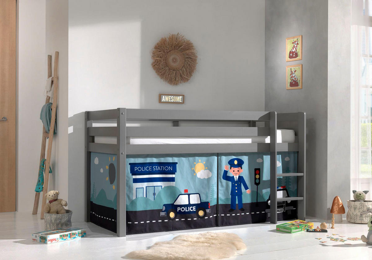 KINDERBETT Karolina 210x114x106 Massivholz Grau Textilset Polizei - Grau/Hellblau, Holz (90/200cm) - 58aufmkessel