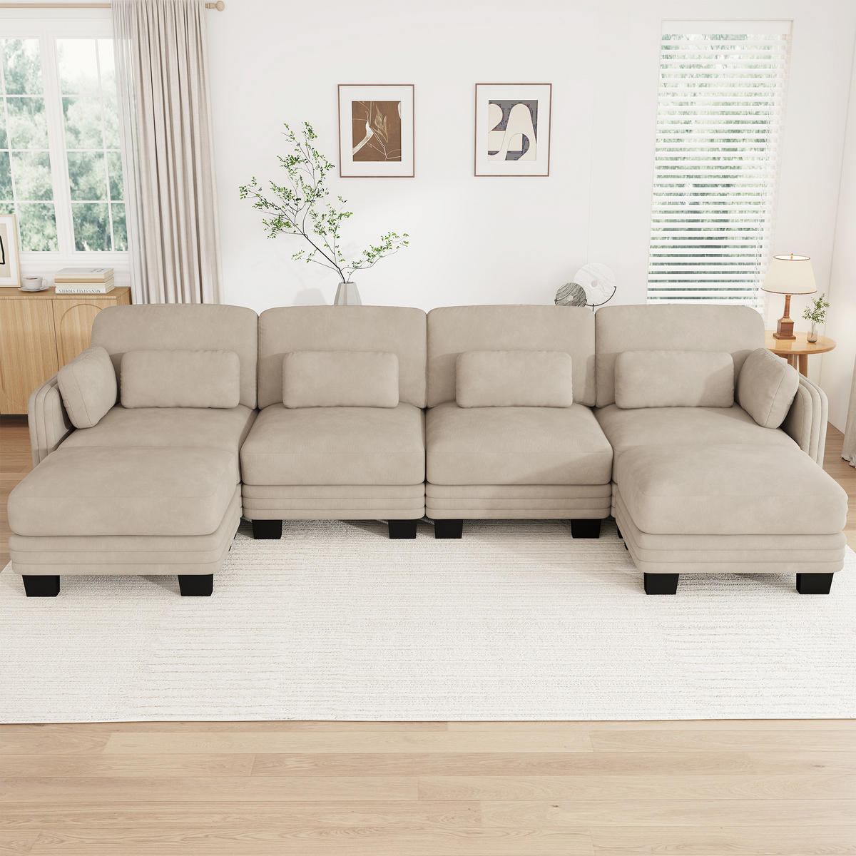 WOHNLANDSCHAFT 4-Sitzer U-Form mit 2 Ottomanen, DE-42686, Hellbraun - Hellbraun, Holz (330/88/143cm) - ComfortXL