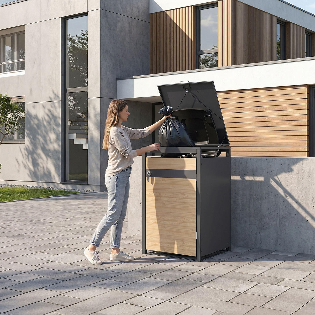 KONTEJNEROVÝ BOX na odpadky, 1 kus, antracit, vzhled dřeva - světle hnědá, kov (68/120/80cm) - ML-DESIGN