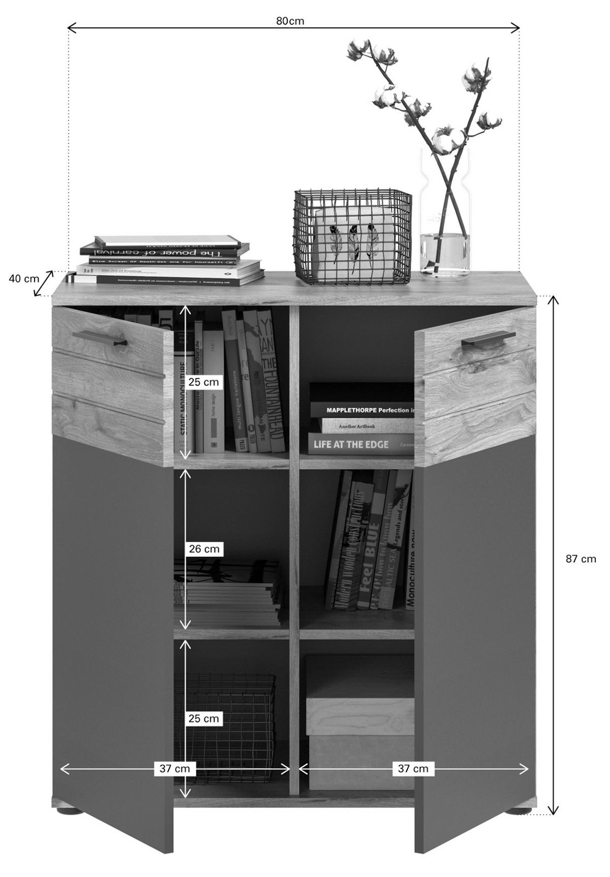 KOMMODE Eiche, grau 80 cm, Sideboard mit Soft-Close, Wohn- und Esszimmermöbel - Eichefarben/Schwarz, Holzwerkstoff/Kunststoff (80/87/40cm) - Inn.Furn