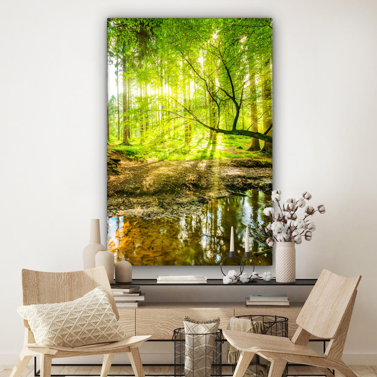 LEINWANDBILD Wald - Landschaft - Wasser - Bäume - Sonne - Grün - Natur Deko Groß 90x140 cm - Grün, Textil (90/140cm) - MuchoWow