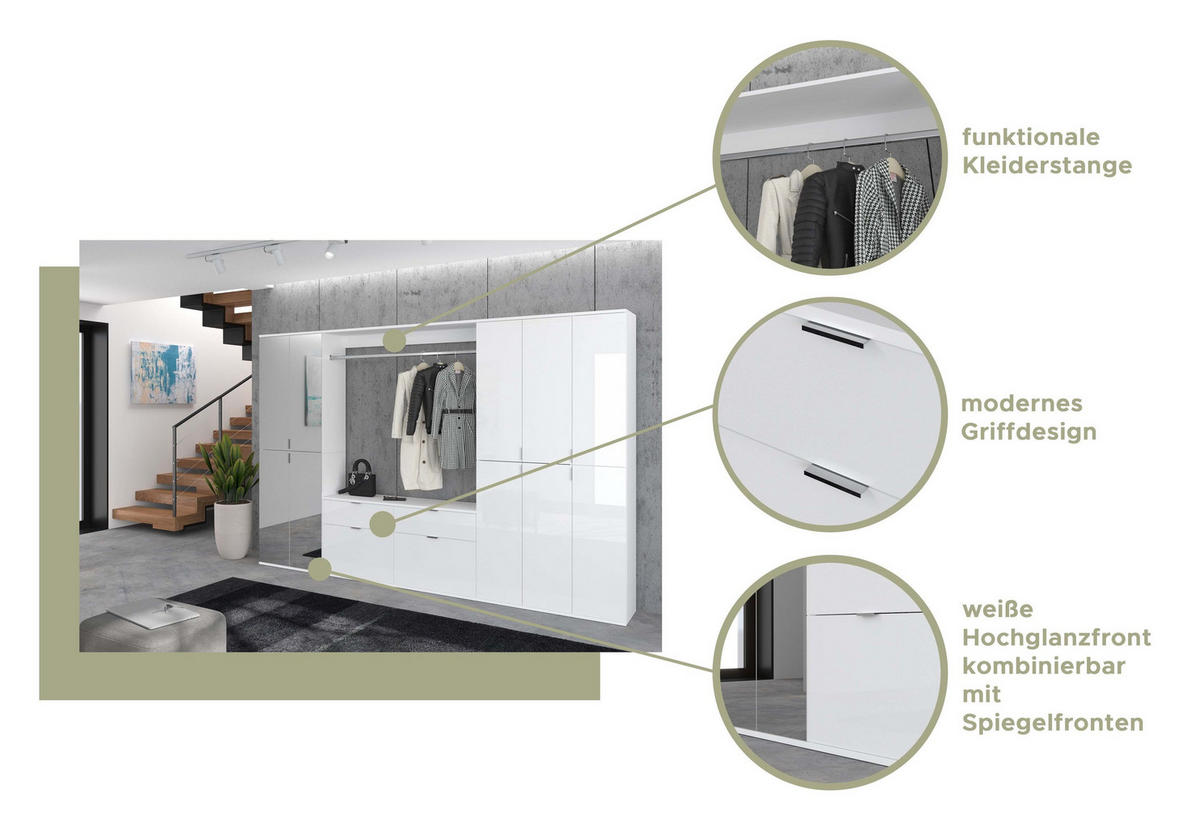 GARDEROBENKOMBINATION 4tlg. Projekt X Garderobe in weiß Nb. und weiß hochglanz B/H/T: 183x193x34 cm - Weiß, Holzwerkstoff (183/193/34cm)