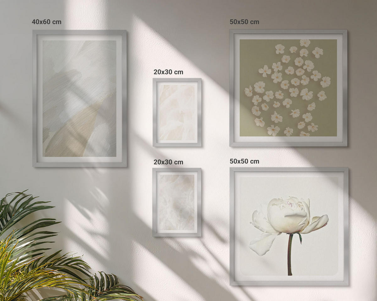 BILDER SET 5er Set - 50x50 cm & 20x30 cm & 40x60 cm Silberner Rahmen - Blumen, modische Boho-Texturen - Silberfarben, Kunststoff (40/60cm) - TULUP