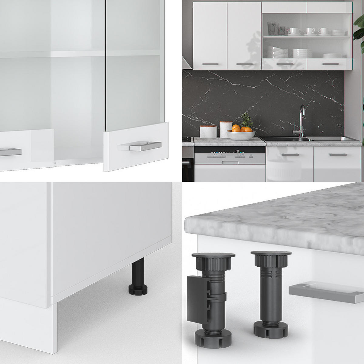 KÜCHE R-Line Weiß Hochglanz/Weiß 300 cm, AP Marmor - Weiß Hochglanz/Weiß, Holzwerkstoff (300/81.6/60cm) - Vicco