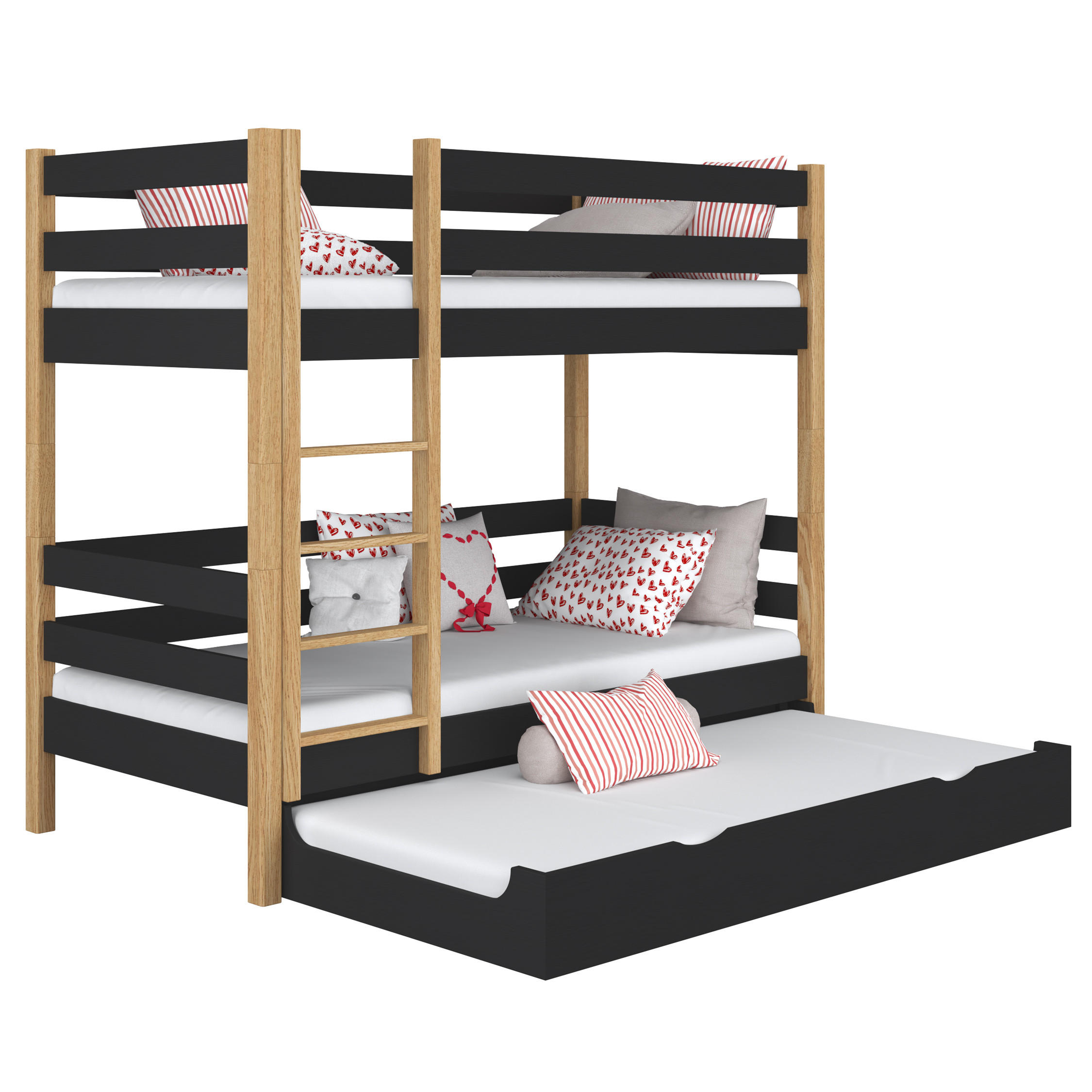 ETAGENBETT N01 mit Matratzenschublade Schwarz / Eiche Natur 100/180 - Schwarz/Eiche Artisan, Naturmaterialien/Holz (100/180cm) - N-Wood