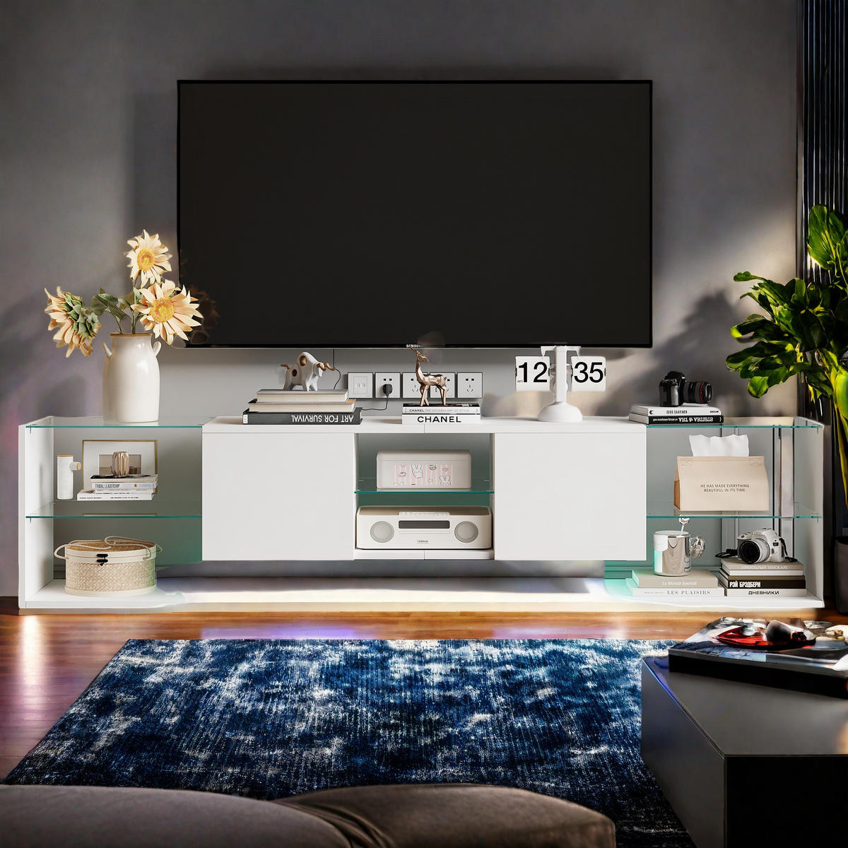 LED TV-TISCH 200CM WEIß MIT STAURAUM WOHNZIMMER - Weiß, Holzwerkstoff (35/45/200cm) - SHOPENTRA
