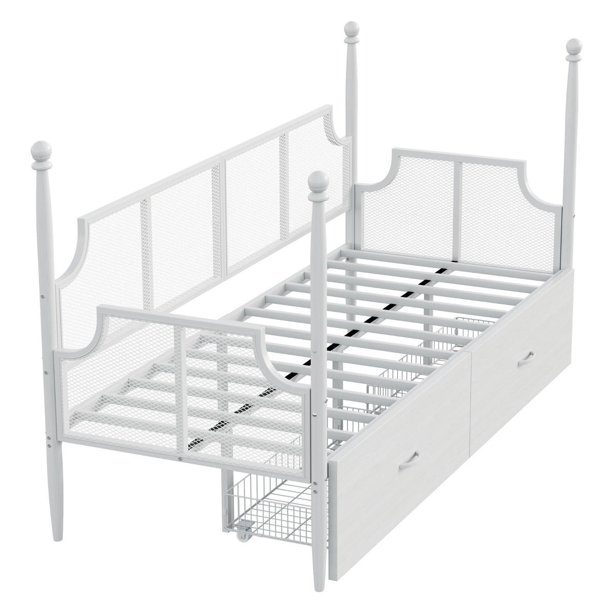 METALLBETT 90/200 cm weiß mit Vintage-Rückenlehne und Ablagefächern - Weiß, Metall (90/200cm) - OKWISH