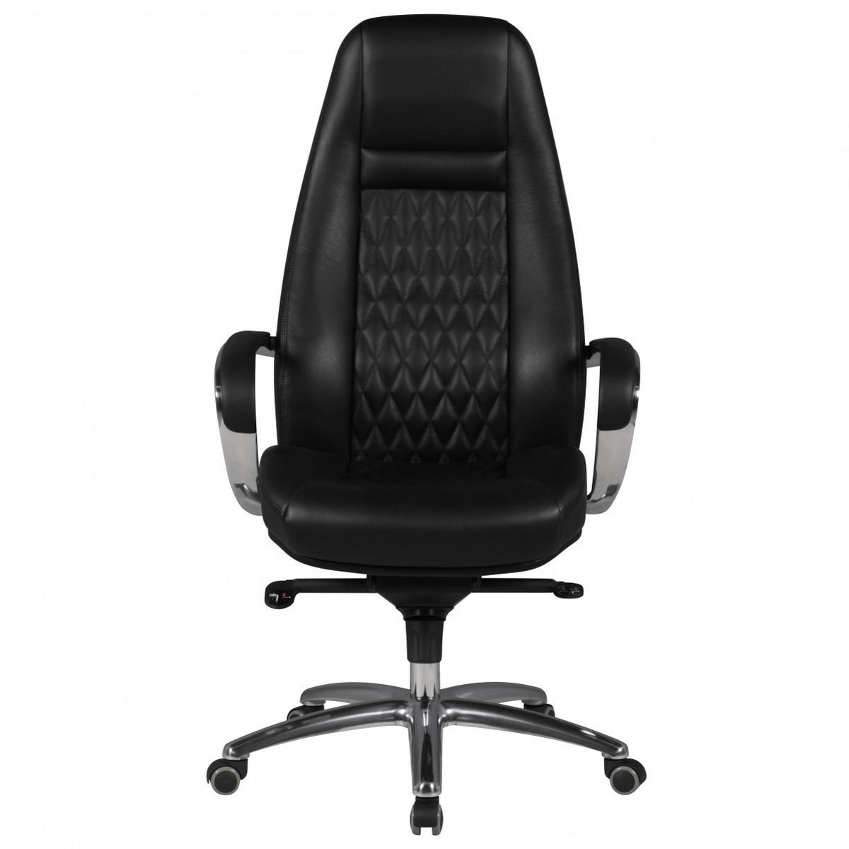 CHEFSESSEL Echtleder mit Aluminiumfußkreuz und ergonomischer Sitzform MADRID, Schwarz 70x68x130 cm - Silberfarben/Schwarz, Leder/Metall (70/130/68cm) - KADIMA DESIGN