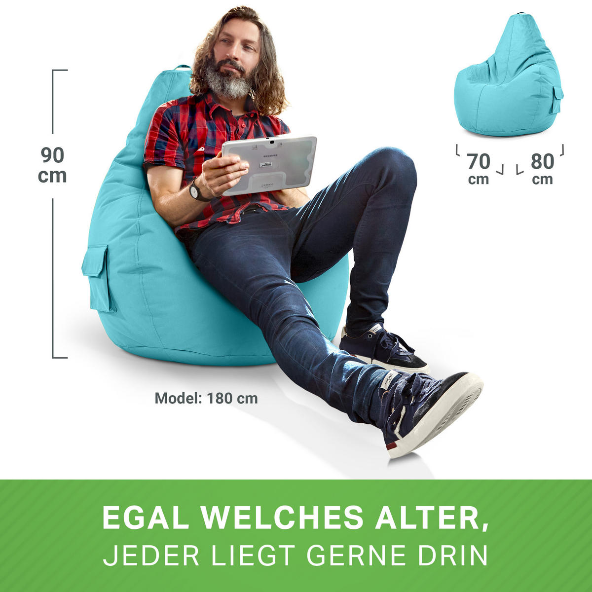 SITZSACK Lounge Chair "Cozy" 80x70x90cm - Türkis, Textil (70/90/80cm) - Green Bean
