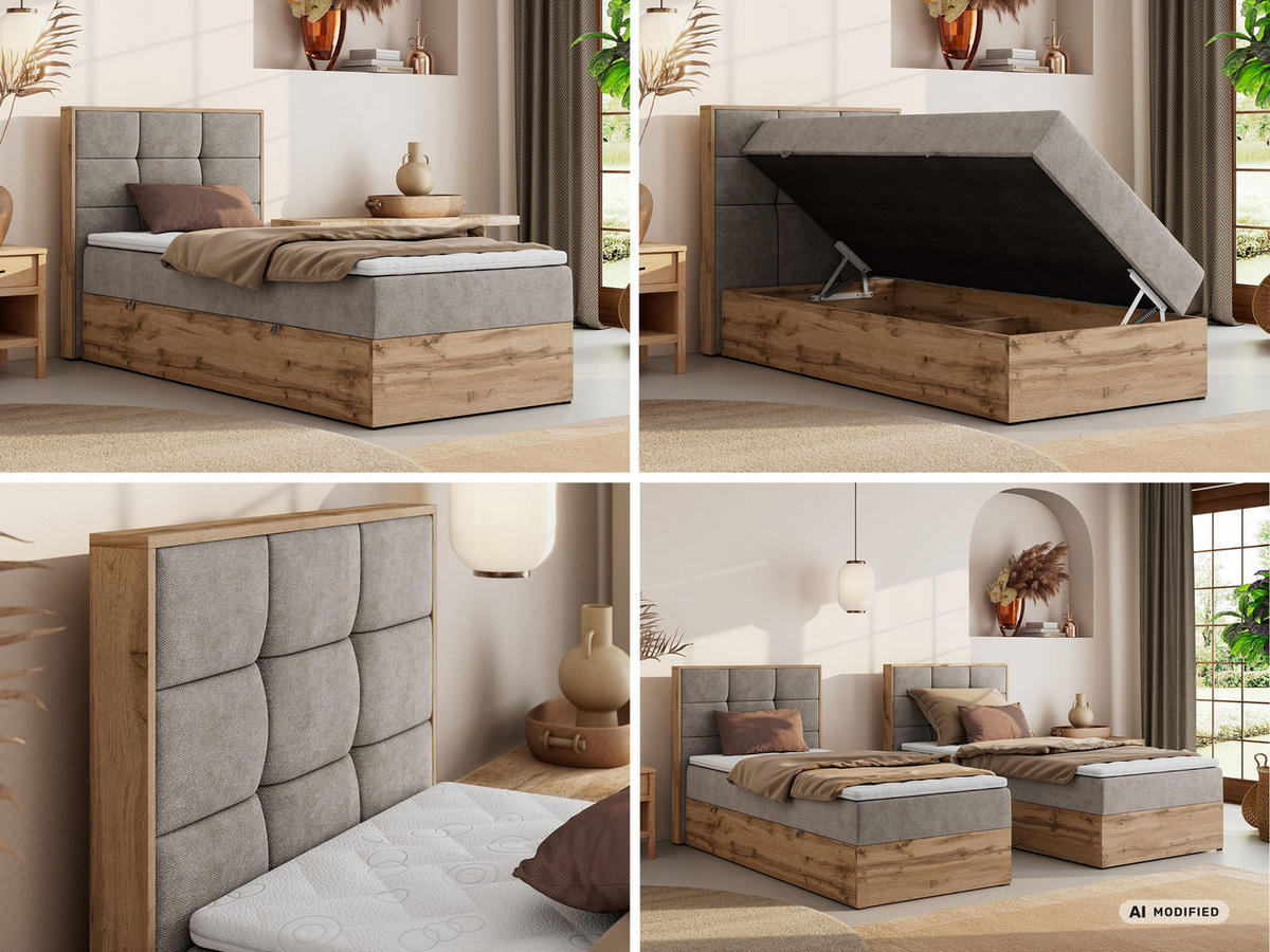 BOXBETT ALBERO 1 90/200 - Greige Stukture - Topper T25 - H3 - Links - Greige/Schwarz, Kunststoff/Textil (90/200cm) - MKS