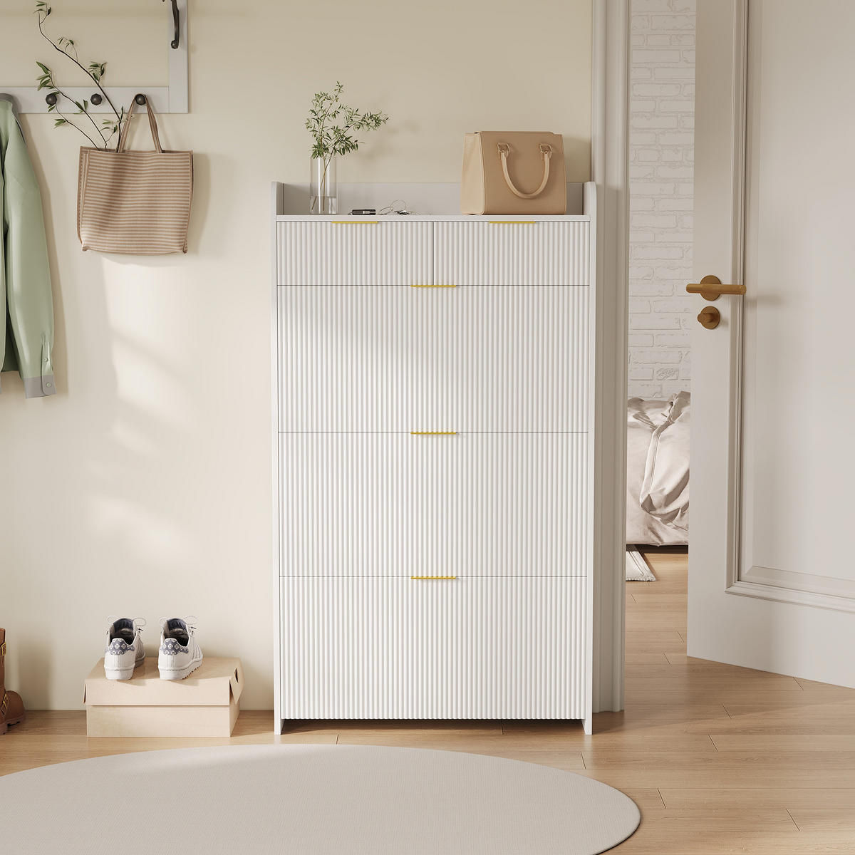 SCHUHSCHRANK Weiß mit Wellenfronten & oberer Ablage - Weiß, Holzwerkstoff (24.2/133.5/77.1cm) - SHOPENTRA