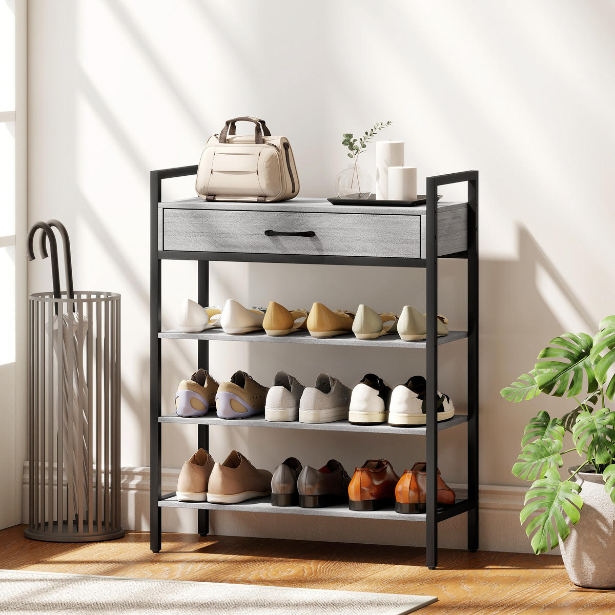 SCHUHREGAL 4 Ebenen Schuhständer Metall mit Schublade für 9 Paar Schuhe Grau - Schwarz/Grau, Holzwerkstoff/Metall (30/87.6/70cm) - HOMCOM